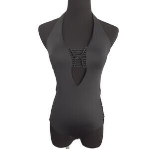 Becca Rebecca Virtue Black One Piece Swimsuit Halter Neck Cutout Womens M Resort